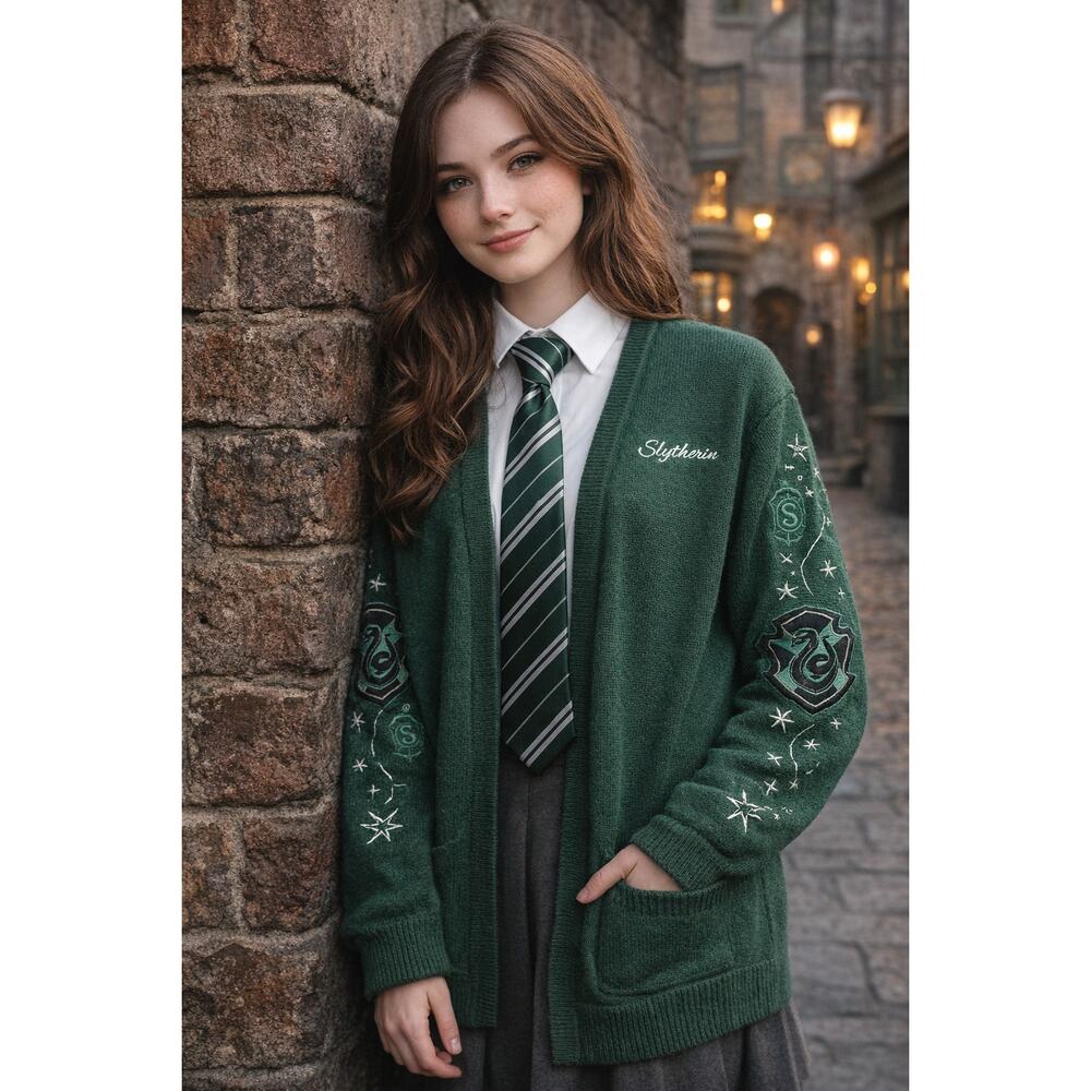 Harry Potter Slytherin Cardigan Womens Large Green Wizarding World Sweater